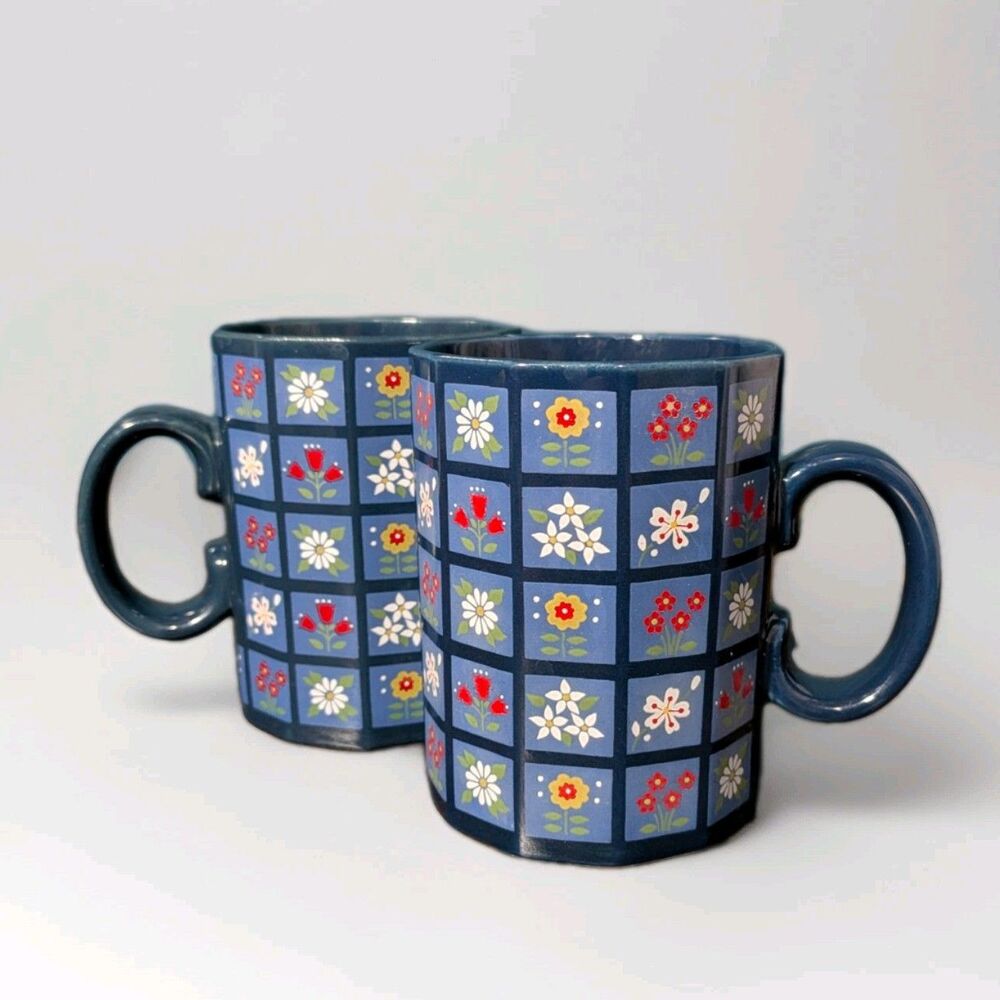 Otagiri Japan Retro Blue Flower Floral 10oz. Coffee Mug Cup 12 Sided Patchwork